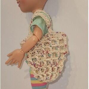 Crocheted Doll French Market Shopping or Beach Bag - Natural with multi color